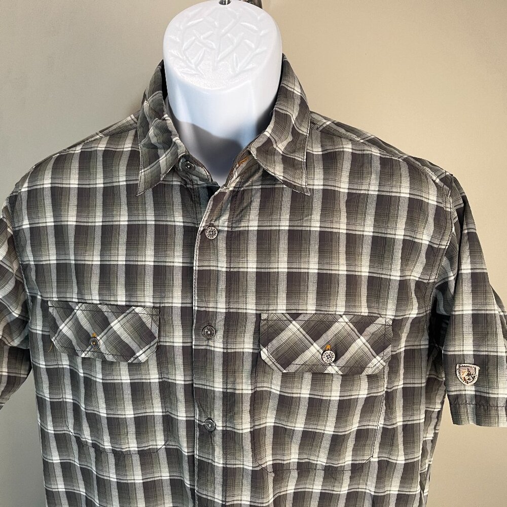 🏔️ KUHL Men's Wicking Shirt M White Gray Green Plaid Short Sleeve EUC 👕